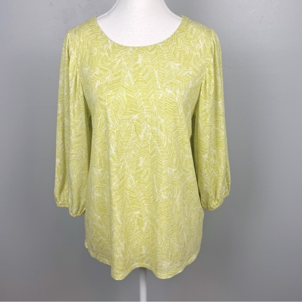 J.Jill linen viscose green abstract palm leaf print balloon sleeve top, small.